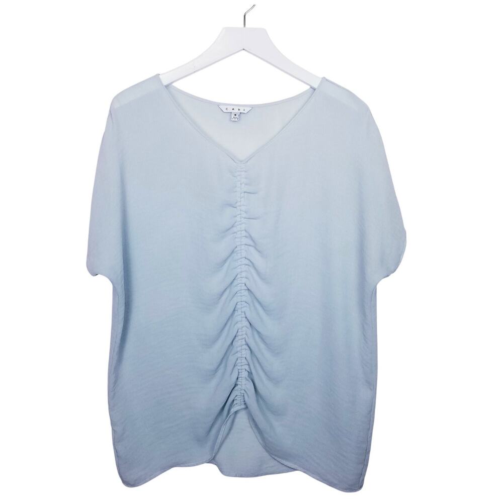 CAbi Front & Center Blouse Ruched Front Style #352 Kentucky Sky Blue Size S